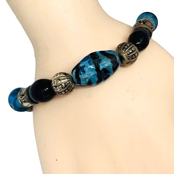 Vintage Blue Glass 925 Sterling Silver Bracelet 8" Toggle Clasp Signed - Picture 4 of 10